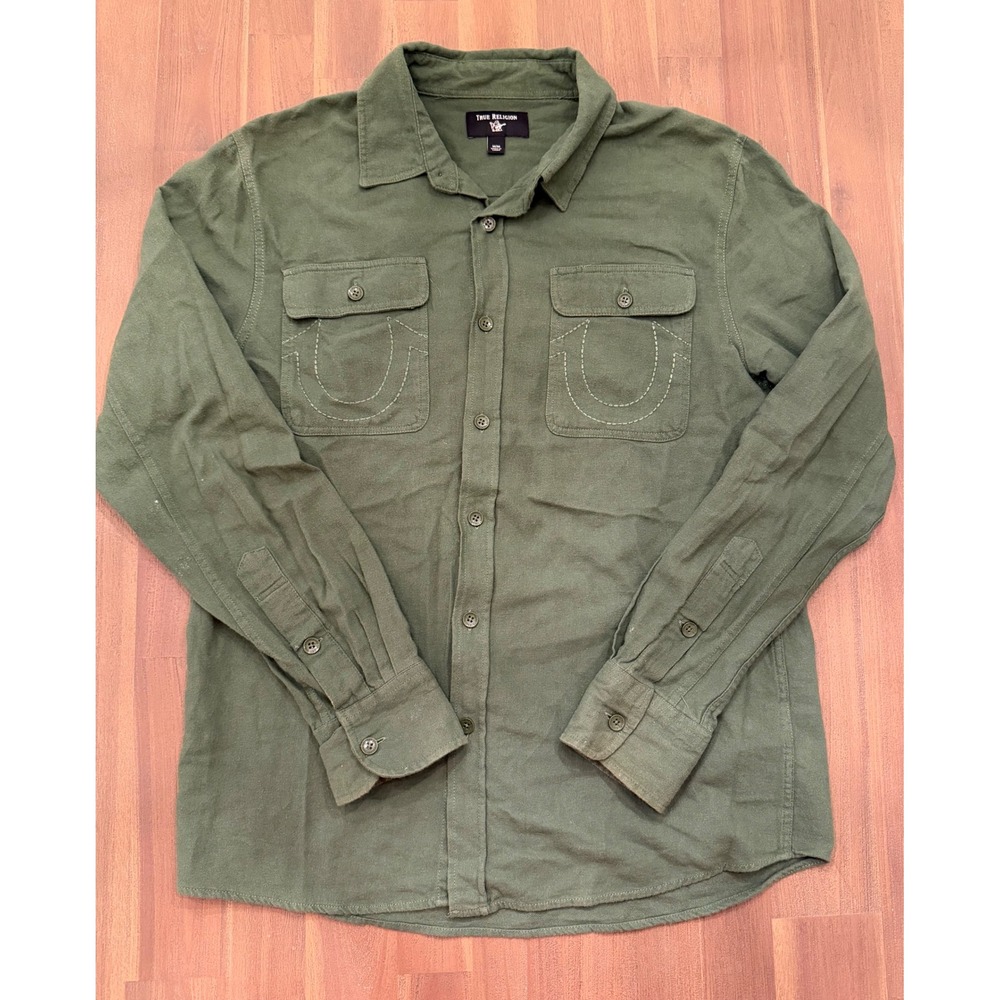 True Religion Mens Olive Green Horseshoe Pocket Flannel Button Down Shirt Medium